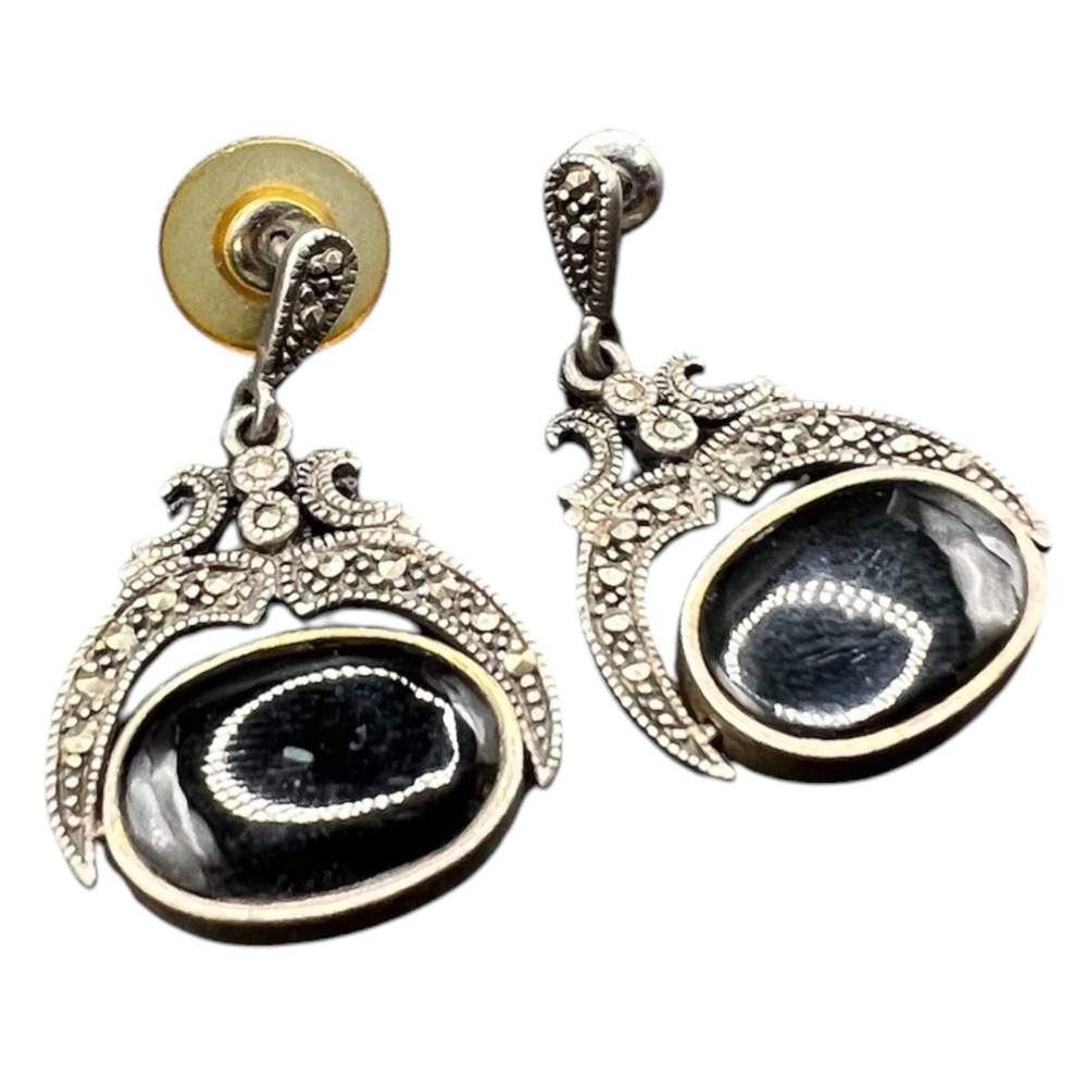 925 Sterling Silver Marcasite Reversible Black Onyx Mother of Pearl Earrings - Picture 3 of 8
